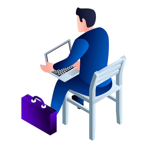Homme d'affaires sur chaise avec icône d'ordinateur portable Isométrique d'homme d'affaires sur chaise avec icône de vecteur d'ordinateur portable pour la conception de Web isolée sur fond blanc