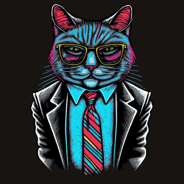 Homme d'affaires de chat dans des verres et un costume d'affaires style graffiti mural