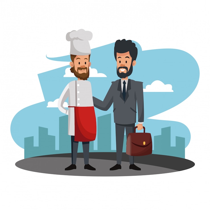 Vecteur homme d'affaires avec le chef aux caricatures de la ville