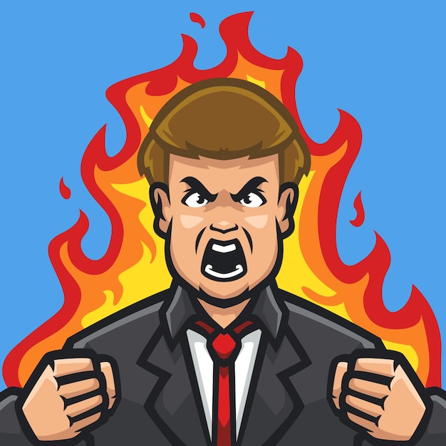 Vecteur homme d'affaires en colère en costume et fond de feu