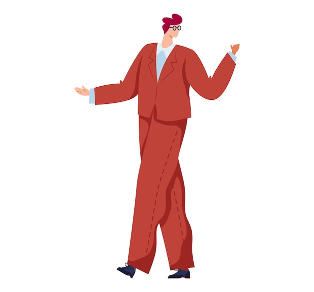 Homme D'affaires Confiant Présentant Un Personnage De Dessin Animé En Costume Rouge Avec Des Lunettes Faisant Des Gestes Corporatifs