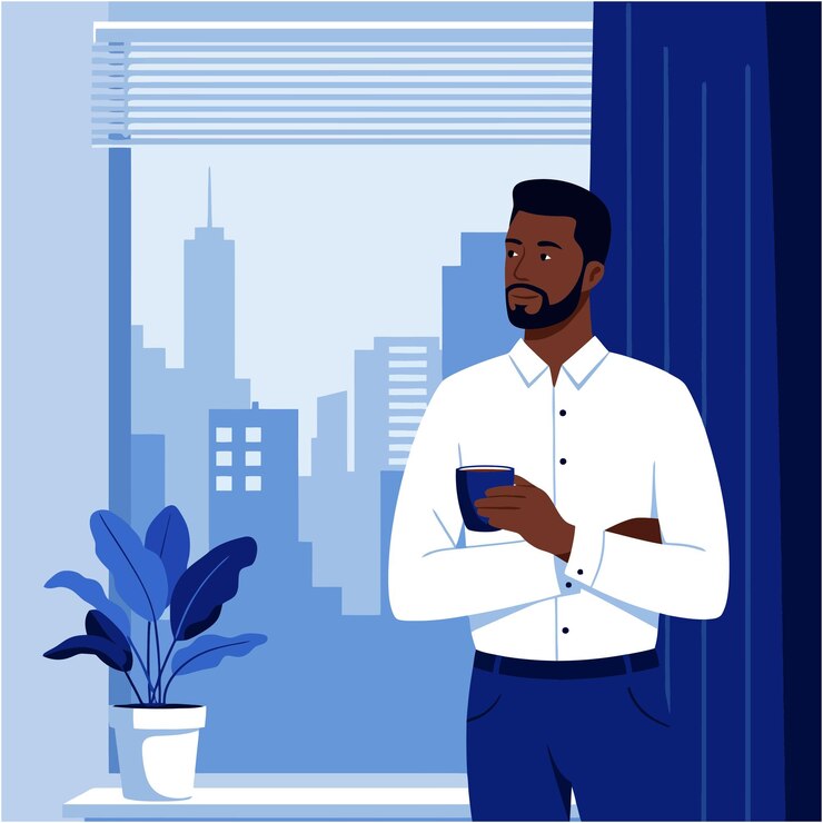 Vecteur un homme d'affaires contemplant la ville avec un café à la main