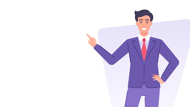 Homme d'affaires en costume pointant l'index bannière copie espace modèle de conception vectoriel plat