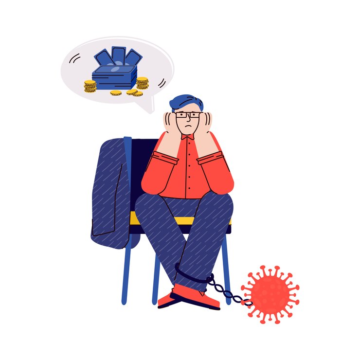 Homme d'affaires en crise économique du coronavirus - personne de dessin animé sans argent