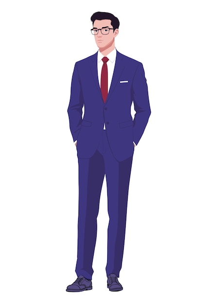 Vecteur un homme d'affaires dans un costume bleu et des lunettes se tient avec ses mains dans ses poches, un patron au look sérieux