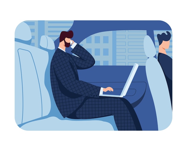 Homme D'affaires Dans Le Salon élite Voiture Voyage D'affaires Passager Dans La Voiture Biz Gestion En Ligne Conception Dessin Animé Style Illustration Vectorielle