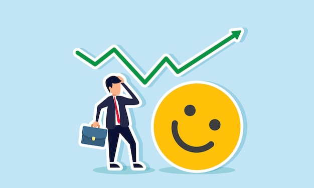Homme d'affaires debout à côté d'un graphique d'émoticone joyeuse en hausse regardant confus illustration d'être surpris par une augmentation significative de l'engagement du marché des entreprises