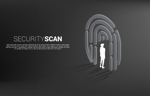 Homme D'affaires Debout Dans Le Symbole De Scan De Doigt. Concept De Base Pour La Technologie De Sécurité Et De Confidentialité Pour Les Données D'identité