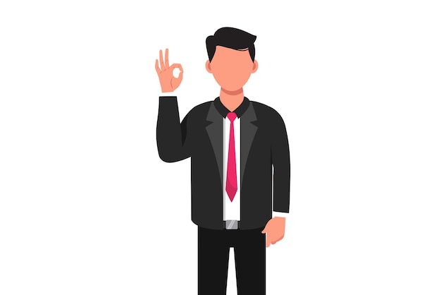 Homme d'affaires de dessin de style dessin animé plat d'affaires montrant le signe OK avec les mains Heureux gestionnaire masculin satisfait faisant des gestes d'accord avec les doigts approuvant quelque chose Illustration vectorielle de conception graphique