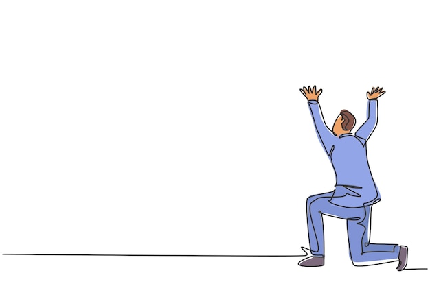 Un homme d'affaires dessinant une ligne continue gesticulant s'agenouille en tenant quelque chose Effort professionnel
