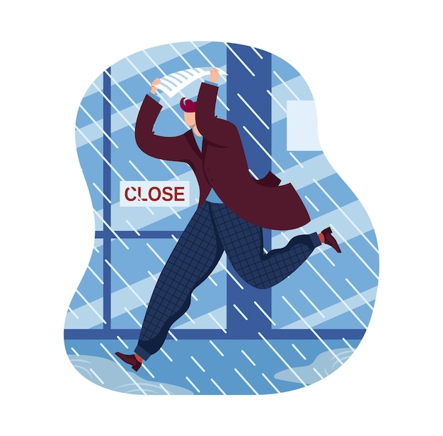 Vecteur un homme d'affaires de dessins animés qui court sous la pluie, en retard pour le travail, paniqué, émotionnel, a raté l'occasion de fermer le magasin.