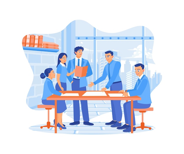 Vecteur un homme d'affaires dirige une réunion pour examiner les plans de travail homme d'affaires dans le concept de lieu de travail de bureau