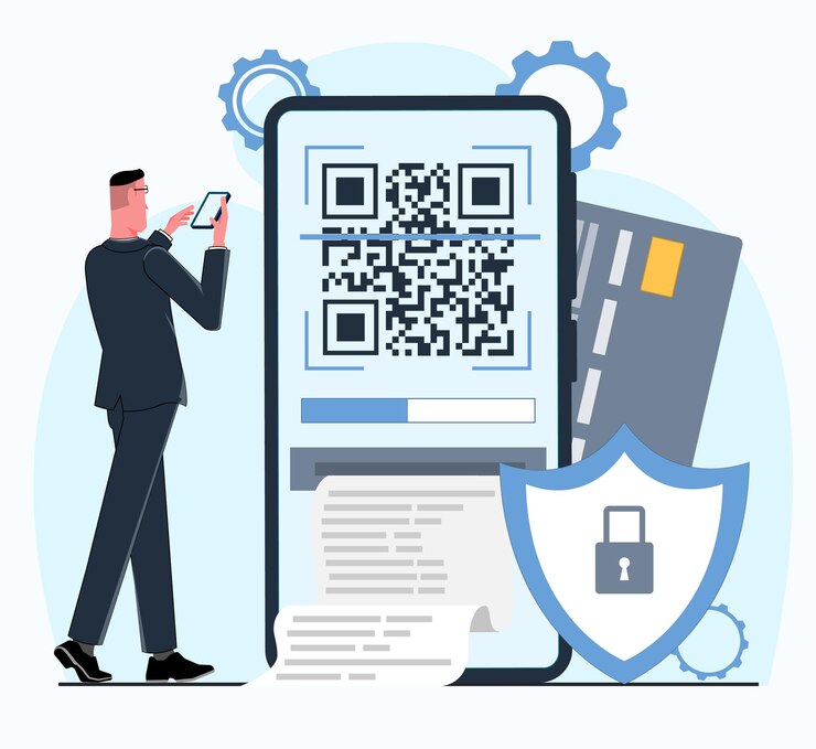 Vecteur un homme d'affaires effectue un paiement sécurisé depuis son téléphone à l'aide d'une carte et d'un code qr
