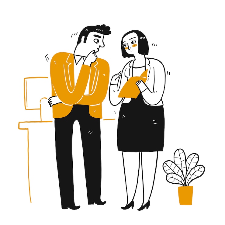 Homme d'affaires ou employé et collègue parlent d'entreprise. Dessin à la main style art doodle isolé sur blanc