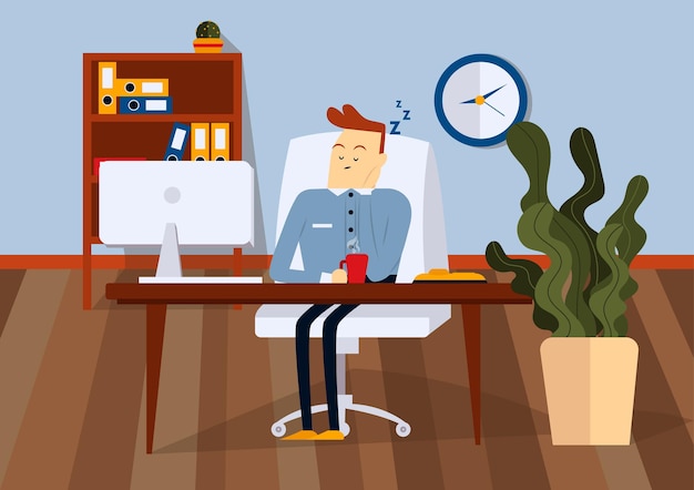 Homme d'affaires endormi assis sur une chaise de bureau à un bureau d'ordinateur. Il tient une tasse de café à la main. Illustration de dessin animé de vecteur de couleur