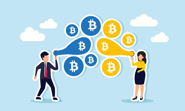 Un homme d'affaires et une femme d'affaires font sauter des ballons de bitcoin colorés.
