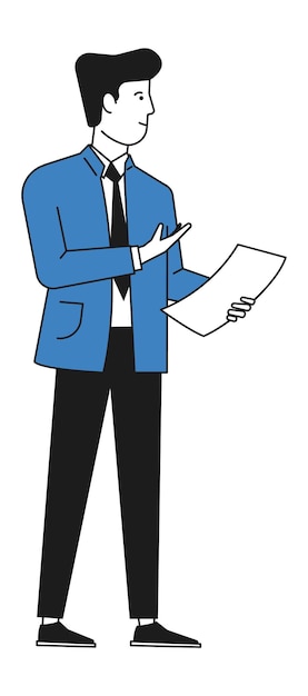 Vecteur homme d'affaires avec feuille de papier. homme lisant un document à haute voix