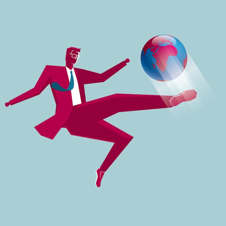 Vecteur l'homme d'affaires frappe la terre. isolé sur fond bleu.
