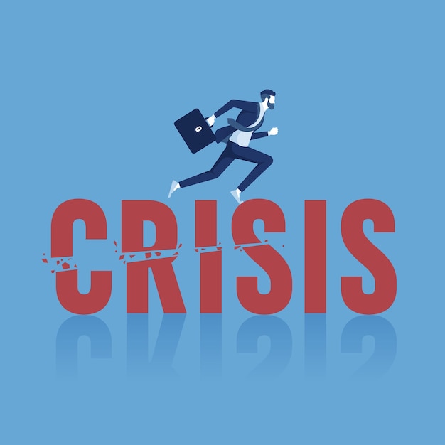 Vecteur homme d'affaires fuyant la crise des mots cassés, concept de gestion de crise et défi dans les affaires