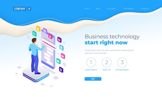 Homme D'affaires Isométrique à L'aide D'appareils Numériques. Toucher L'écran Du Smartphone. Interface De Technologie De Connexion Mondiale. Modèle De Page De Destination.
