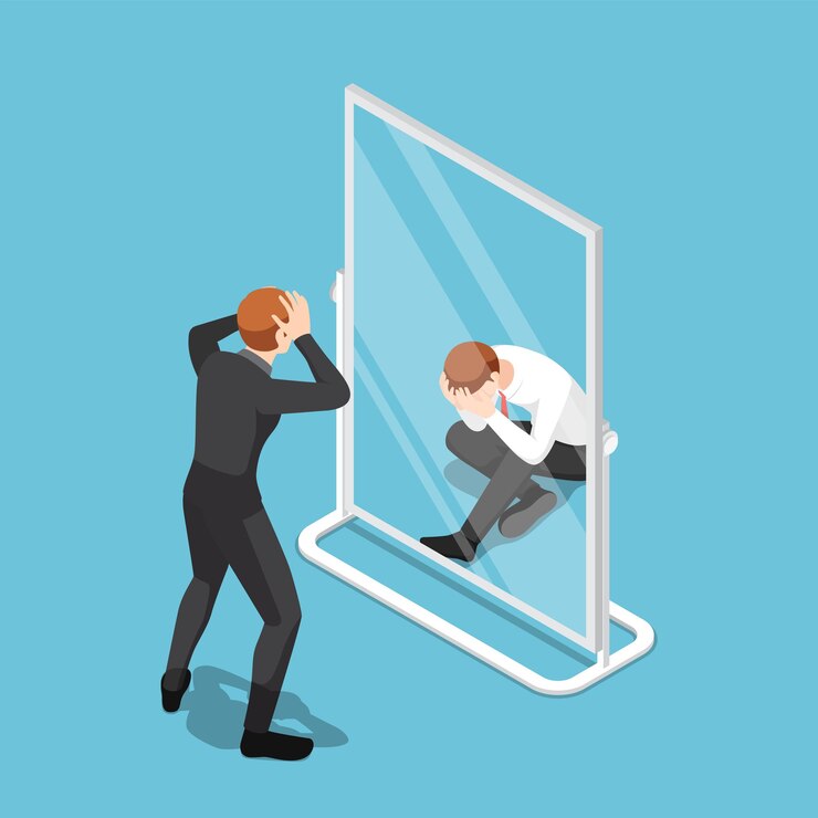 Vecteur l'homme d'affaires isométrique plat 3d se voit échec dans le miroir. échec de l'entreprise et concept de faible estime de soi.