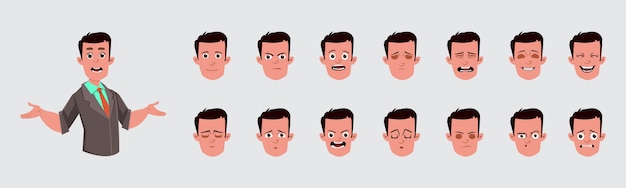 Homme d'affaires avec le jeu différent d'expression faciale.