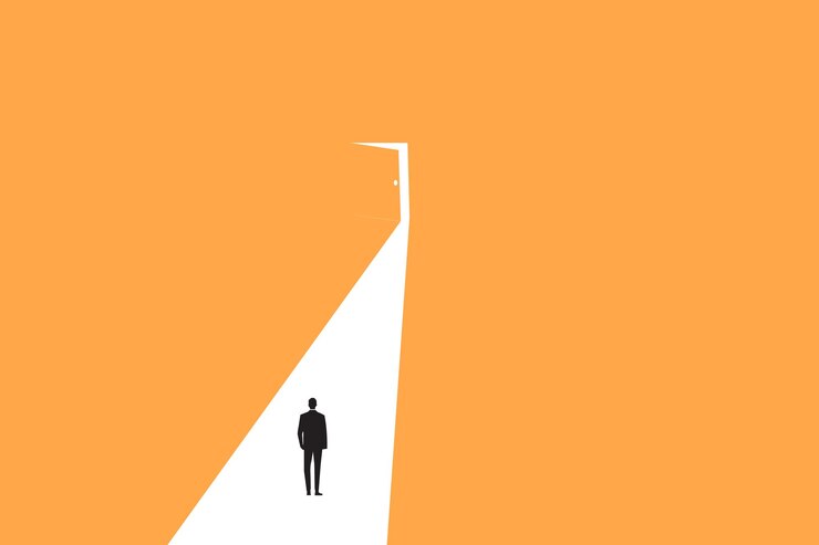 Vecteur homme d'affaires marchant à la porte concept de réussite objectif motivation problèmes de croissance travail acharné