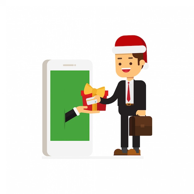 Homme D'affaires De Noël Utiliser Une Carte De Crédit Pour Recevoir Une Boîte Cadeau