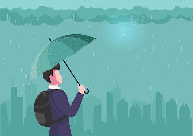 Vecteur homme d'affaires avec parapluie debout sous la pluie et la foudre il est sur le point de présenter le travail qui a été préparé à la silhouette du client de la grande ville sur fond d'illustration vectorielle plane