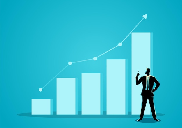 Vecteur homme d'affaires pointant vers le haut avec un graphique croissant sur l'arrière-plan