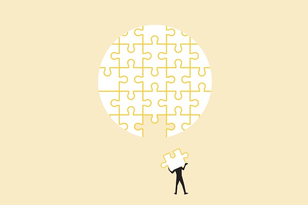Homme d'affaires portant le concept de pièce de puzzle de succès d'opportunité de solution et de créativité illustration Eps10