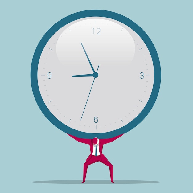Homme d'affaires portant une énorme horloge. Isolé sur fond bleu.