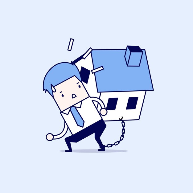 Homme d'affaires porter sa dette de maison avec enchaîné à la cheville Vecteur de style de ligne mince de personnage de dessin animé
