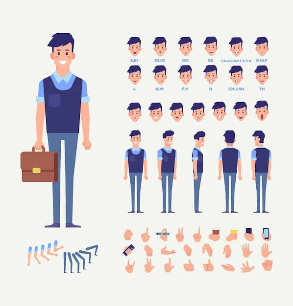 Homme d'affaires pour l'animation avec diverses coiffures émotions synchronisation labiale et gestes