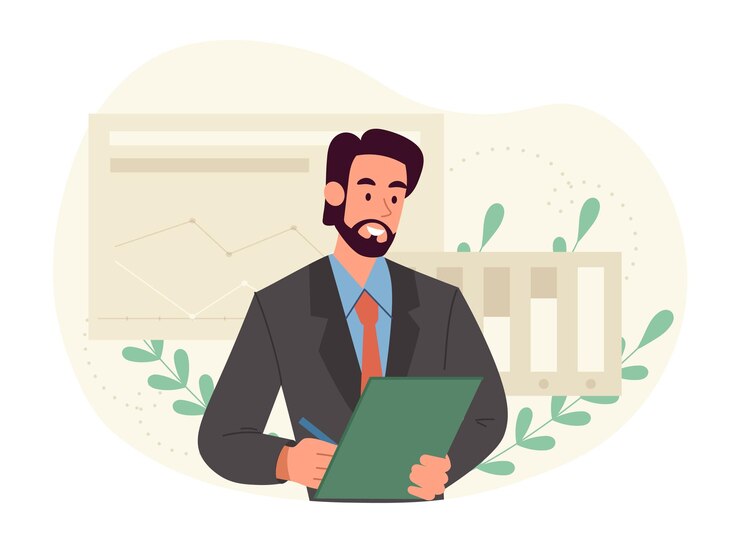 Vecteur l'homme d'affaires prend des notes, l'homme avec des documents de tablette et des contrats, le personnage planifie et fixe des tâches.