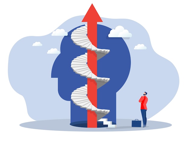 Vecteur homme d'affaires regardant l'escalier pour atteindre la vision et les opportunités sur la tête humaine pour l'état d'esprit de croissance cible