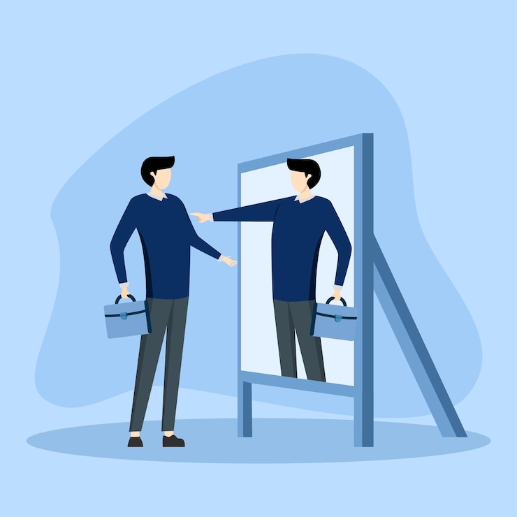 Vecteur un homme d'affaires regardant un miroir avec son reflet augmente sa confiance. estime de soi ou soin de soi