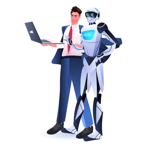 Homme d'affaires avec robot utilisant le concept de technologie d'intelligence artificielle pour ordinateur portable