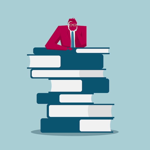 L'homme d'affaires s'appuie sur les livres. Le fond est bleu.