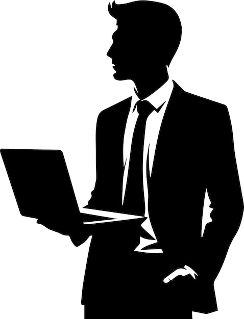 Vecteur un homme d'affaires se tient avec une silhouette vectorielle d'ordinateur portable 11