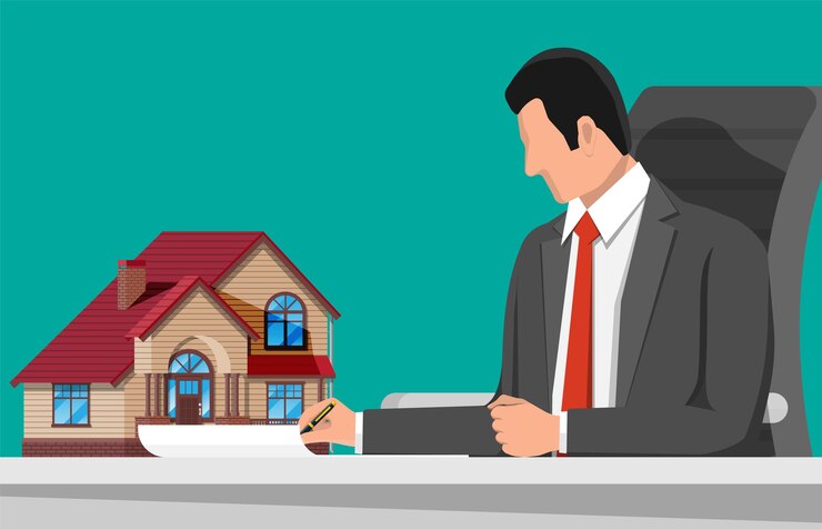 Vecteur homme d'affaires signant un contrat près du modèle de construction. agent immobilier ou agent immobilier en costume. maison de campagne en bois. hypothèque, propriété et investissement. acheter vendre ou louer un bien immobilier. illustration vectorielle plane