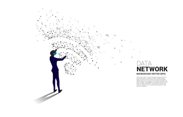 L'homme d'affaires silhouette porte des lunettes VR avec une icône de données mobiles de style carte de circuit imprimé de connexion de points Concept de la technologie de réalité virtuelle numérique et de l'AR