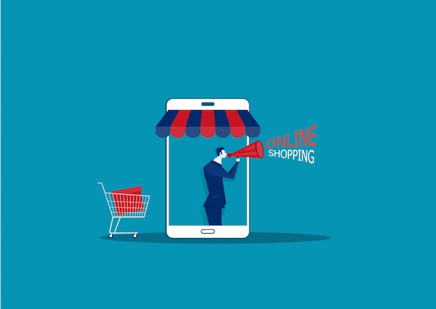 Homme D'affaires Sur Smartphone Avec E-shop Boutique En Ligne Internet Shop Promotion Présentation Présentation Illustration.