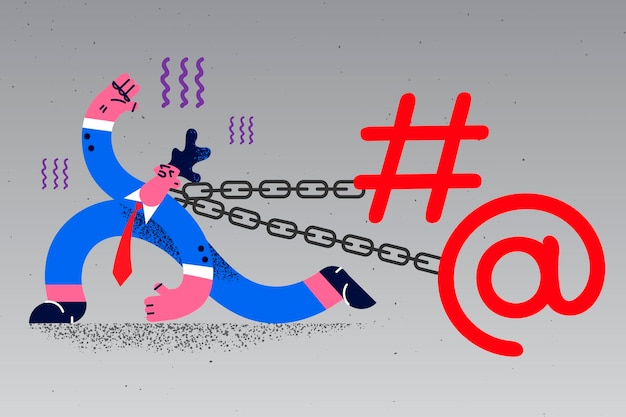 Homme d'affaires stressé enchaîné aux médias sociaux et à Internet. Un homme malheureux en détresse porte le fardeau de la dépendance au Web. Obsession pour les applications en ligne et l'attention du public. Illustration vectorielle.