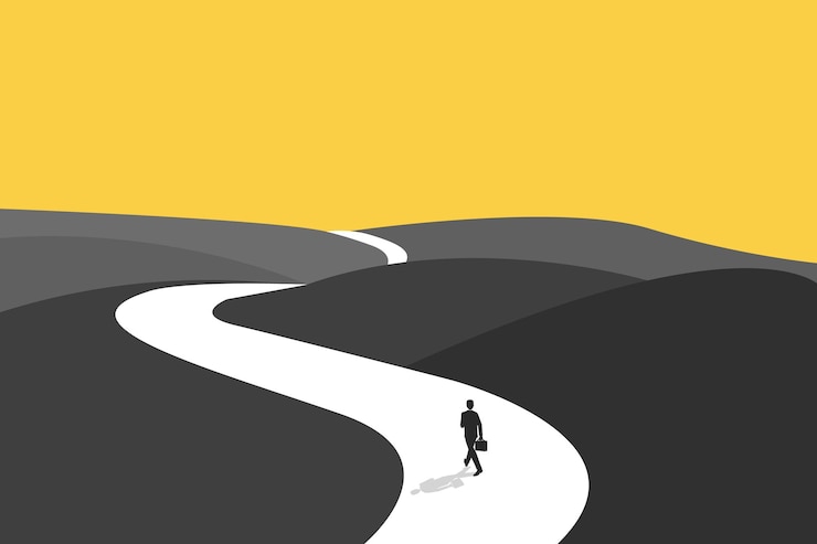 Vecteur homme d'affaires suivre un chemin pour les opportunités d'affaires leadership visionnaire différentes routes commerciales symbole de la motivation de l'ambition et du long chemin à parcourir