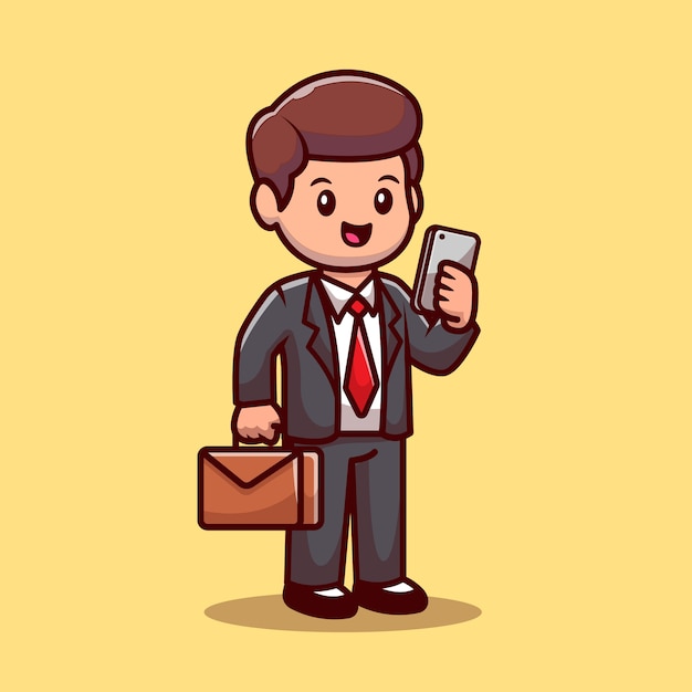 Homme affaires, à, téléphone, et, valise, dessin animé