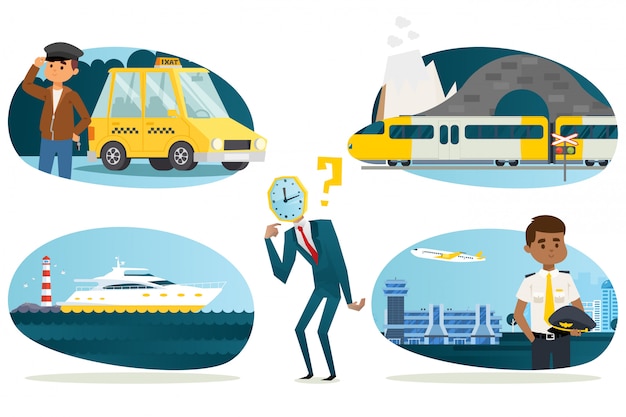 Vecteur homme d'affaires tête de montre choisir un moyen plus rapide de voyager, illustration. taxi voyage d'affaires avec chauffeur, train moderne à grande vitesse