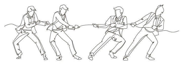 Vecteur homme d'affaires tirant l'art de la ligne continue de corde. concept linéaire de travail d'équipe d'affaires. concours de silhouette de personnes. illustration vectorielle