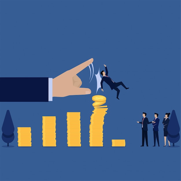 Homme D'affaires Tombe Après Avoir été Poussé à La Main Sur La Métaphore Du Diagramme La Plus Haute De La Perte.