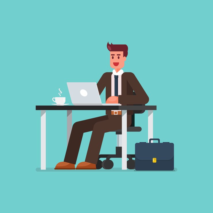Vecteur homme d'affaires travaillant sur un ordinateur portable au bureau